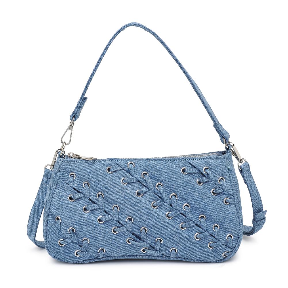 Shivon Crossbody Denim. Crafted with a trendy denim all-over design and grommet-laced details, this bag is a fashion-forward statement. The adjustable/detachable strap, silver hardware, and printed fabric-lined interior with a convenient zip pocket make it your go-to for chic and organized on-the-go adventures.