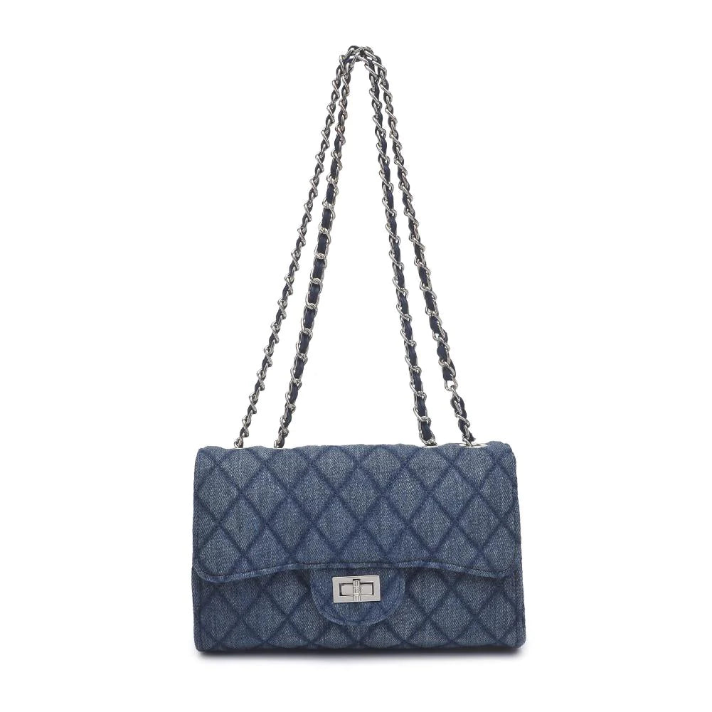 Tinky Crossover Blue Denim. The diamond-quilted design and silver hardware on this denim bag add a touch of sophistication to your casual look. The adjustable chain strap provides versatility, letting you wear it as a crossbody or shoulder bag. Inside, the fabric-lined interior features a zip pocket and a slip pocket for organized convenience.