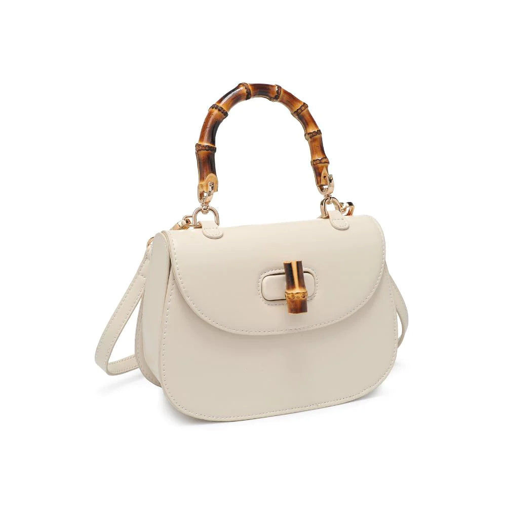 Allison Bamboo Crossbody Ivory. Crafted from smooth vegan leather, this bag features a sophisticated faux bamboo top handle and gold hardware for that touch of luxury. With an adjustable/detachable strap and a thoughtfully lined interior, it's not just a bag; it's a statement piece that keeps you organized on the go.
