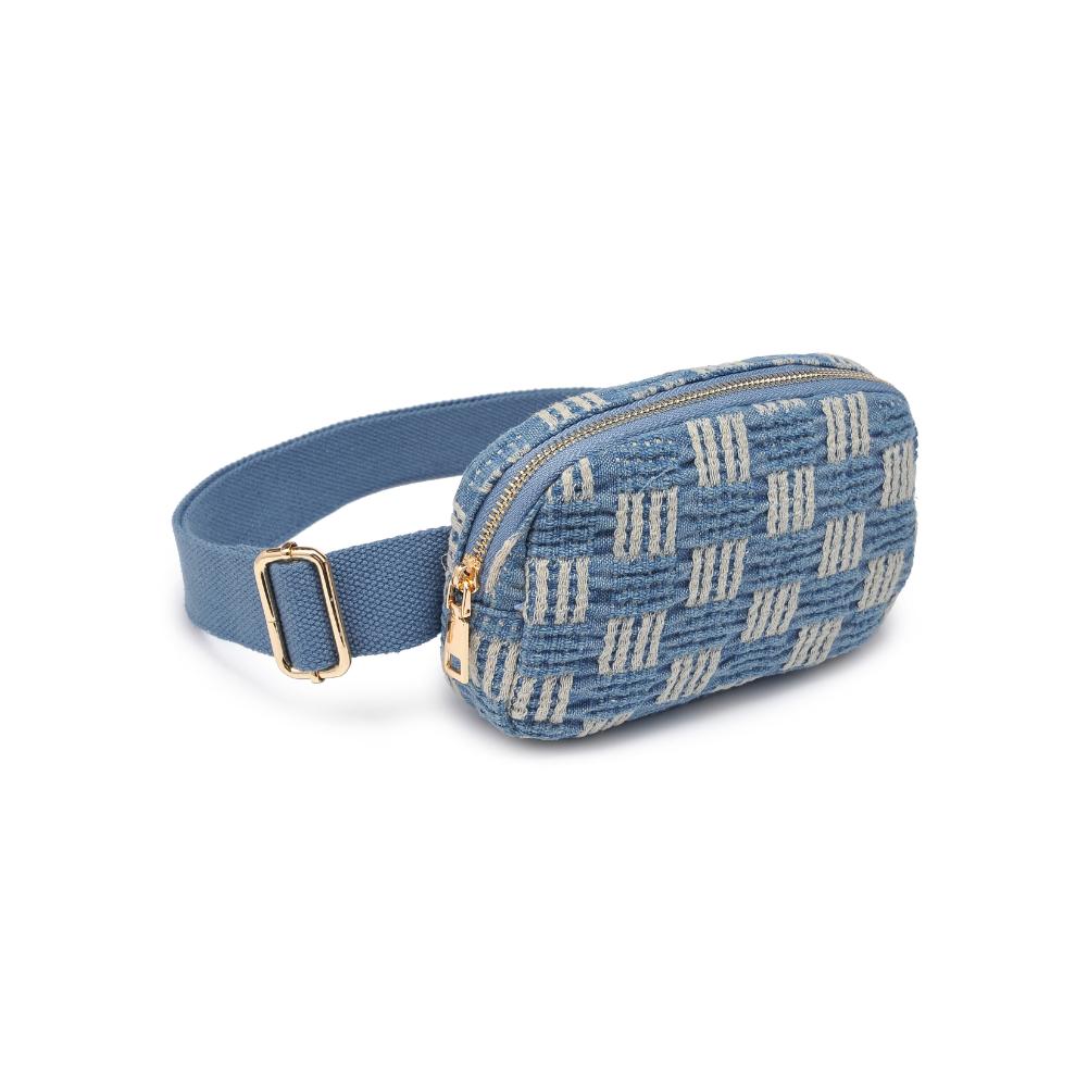 Nala Belt Bag Blue. Crafted with a woven textured pattern design, this bag is your go-to for hands-free style. The hidden back zip pocket, gold hardware, and adjustable strap add flair, while the fabric-lined interior boasts 1 zip pocket and card slip compartments for organized convenience.