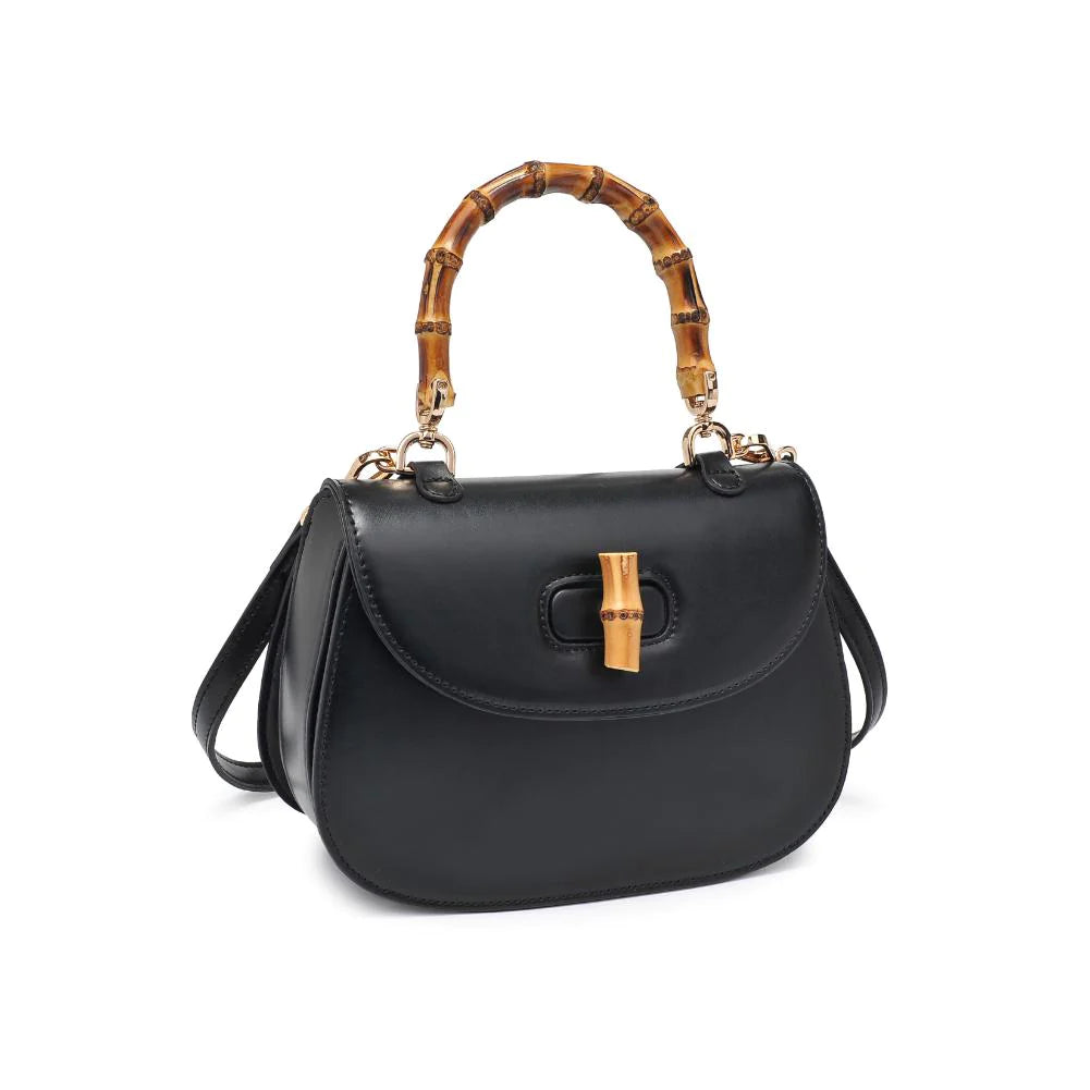 Allison Bamboo Crossbody Black. Crafted from smooth vegan leather, this bag features a sophisticated faux bamboo top handle and gold hardware for that touch of luxury. With an adjustable/detachable strap and a thoughtfully lined interior, it's not just a bag; it's a statement piece that keeps you organized on the go.