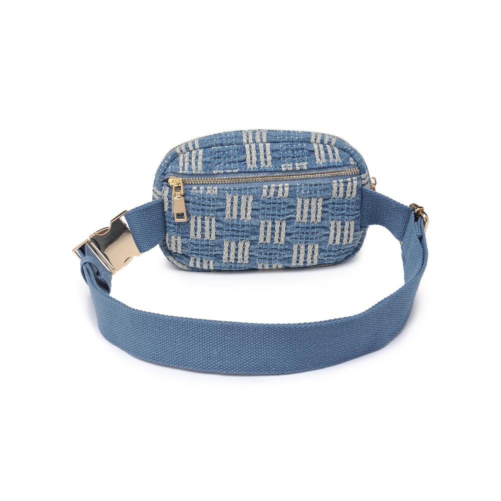 Nala Belt Bag Blue. Crafted with a woven textured pattern design, this bag is your go-to for hands-free style. The hidden back zip pocket, gold hardware, and adjustable strap add flair, while the fabric-lined interior boasts 1 zip pocket and card slip compartments for organized convenience.