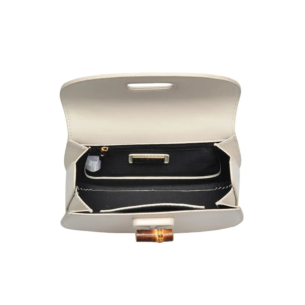 Allison Bamboo Crossbody Ivory. Crafted from smooth vegan leather, this bag features a sophisticated faux bamboo top handle and gold hardware for that touch of luxury. With an adjustable/detachable strap and a thoughtfully lined interior, it's not just a bag; it's a statement piece that keeps you organized on the go.