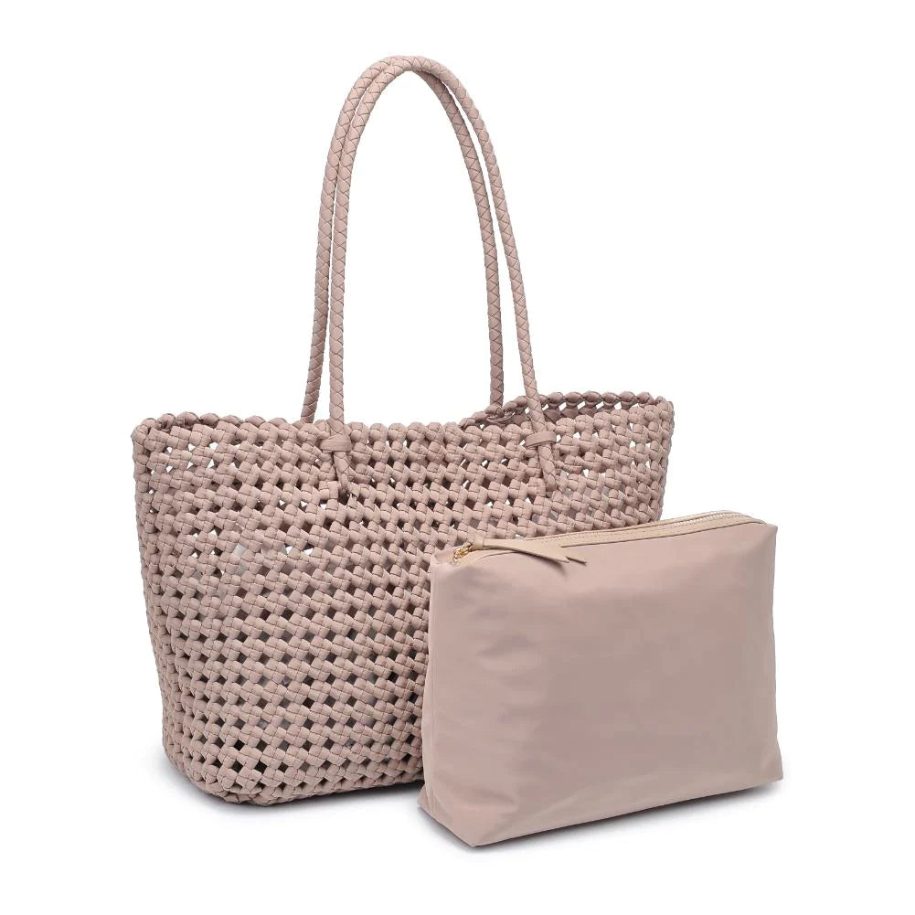 Sol and Selene Reflection Bag Nude. Crafted from durable polyester with a charming braided design, this hobo is the ideal companion for a day at the beach or running errands. With an open closure, it offers easy access, making it perfect for those on-the-go moments. Elevate your casual chic with this shopper tote that effortlessly combines fashion and functionality.