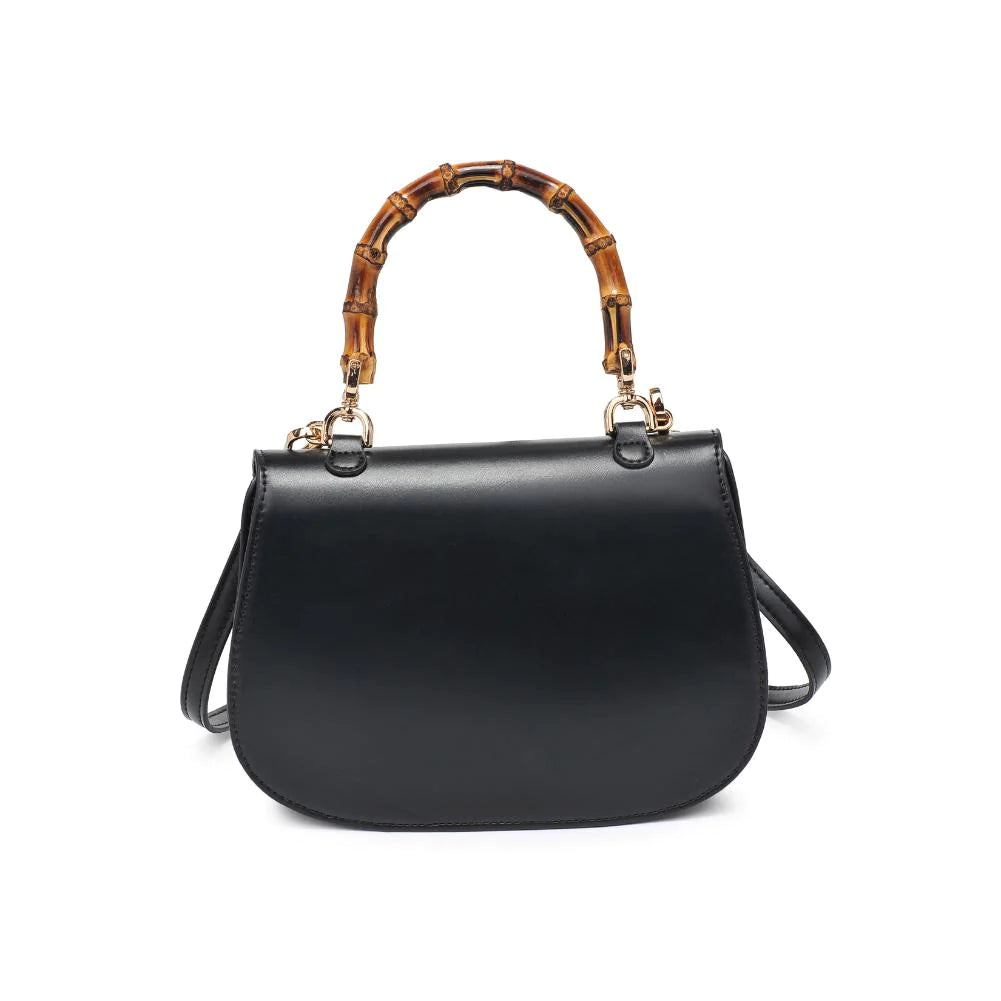 Allison Bamboo Crossbody Black. Crafted from smooth vegan leather, this bag features a sophisticated faux bamboo top handle and gold hardware for that touch of luxury. With an adjustable/detachable strap and a thoughtfully lined interior, it's not just a bag; it's a statement piece that keeps you organized on the go.