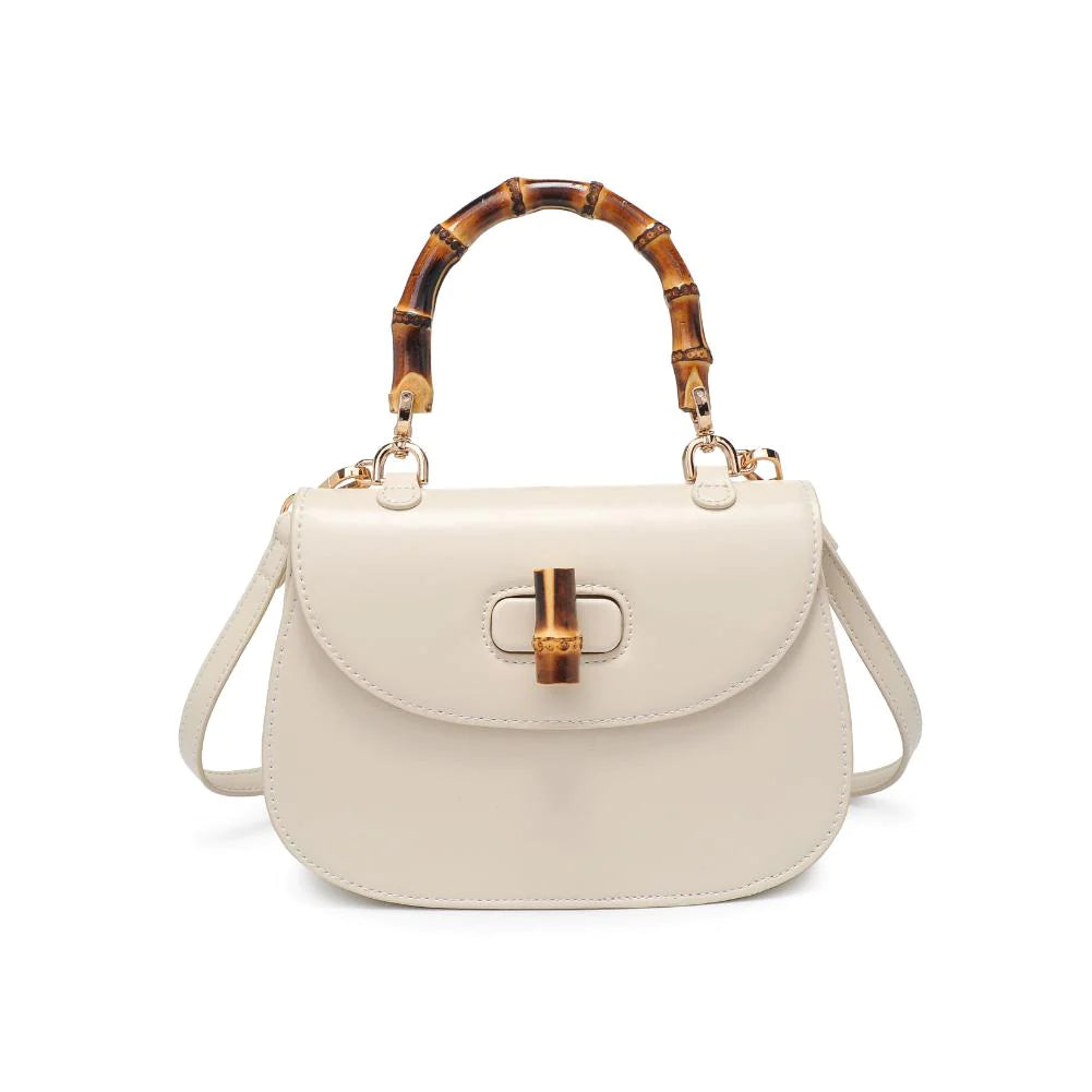 Allison Bamboo Crossbody Ivory. Crafted from smooth vegan leather, this bag features a sophisticated faux bamboo top handle and gold hardware for that touch of luxury. With an adjustable/detachable strap and a thoughtfully lined interior, it's not just a bag; it's a statement piece that keeps you organized on the go.