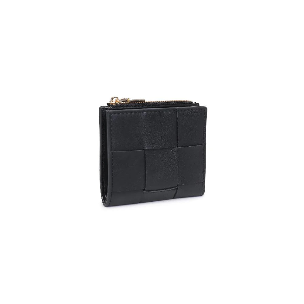 Amelie Wallet Black. The woven design and gold hardware make a fashion statement, while the snap button closure ensures your belongings stay secure. Inside, find a thoughtfully organized space with a main compartment, coin zip pocket, and eight card slots for maximum functionality.