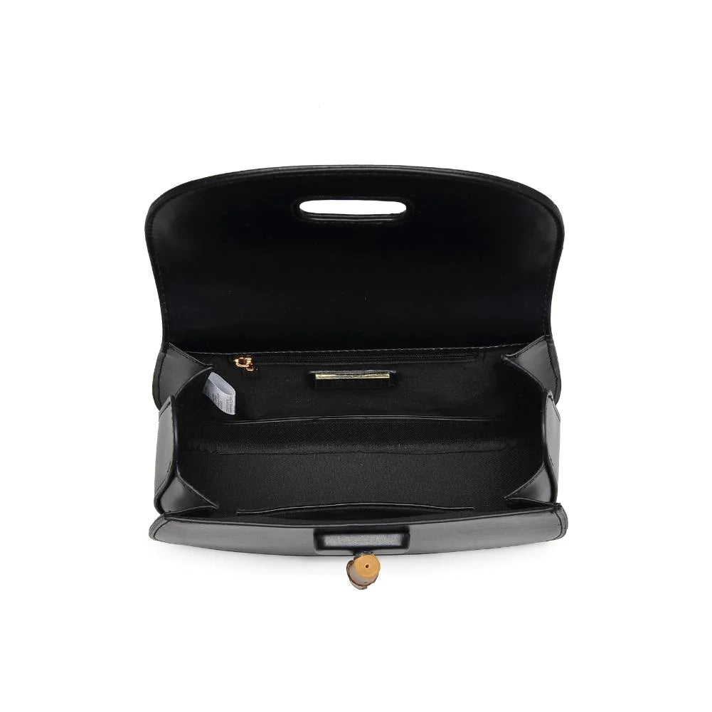 Allison Bamboo Crossbody Black. Crafted from smooth vegan leather, this bag features a sophisticated faux bamboo top handle and gold hardware for that touch of luxury. With an adjustable/detachable strap and a thoughtfully lined interior, it's not just a bag; it's a statement piece that keeps you organized on the go.