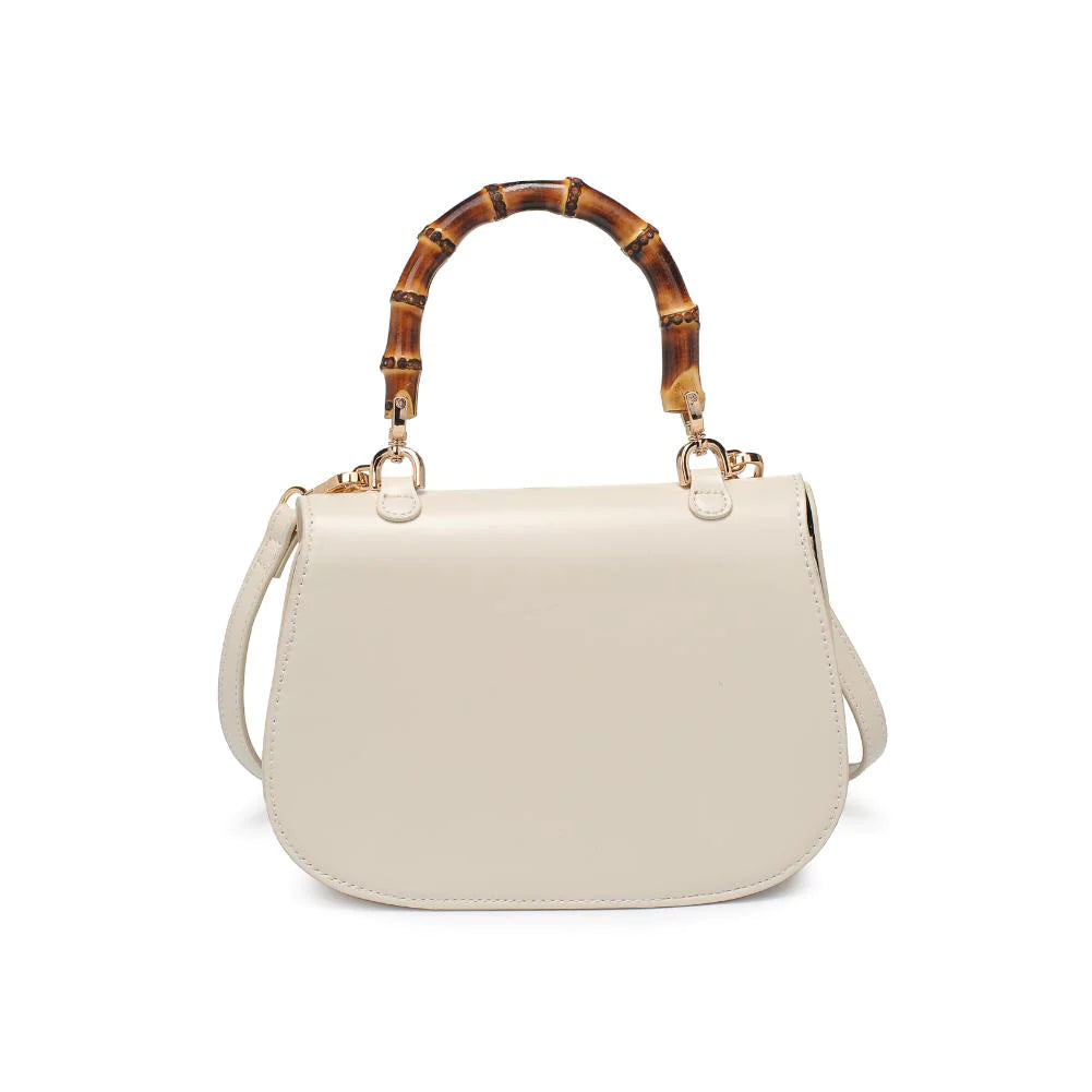 Allison Bamboo Crossbody Ivory. Crafted from smooth vegan leather, this bag features a sophisticated faux bamboo top handle and gold hardware for that touch of luxury. With an adjustable/detachable strap and a thoughtfully lined interior, it's not just a bag; it's a statement piece that keeps you organized on the go.