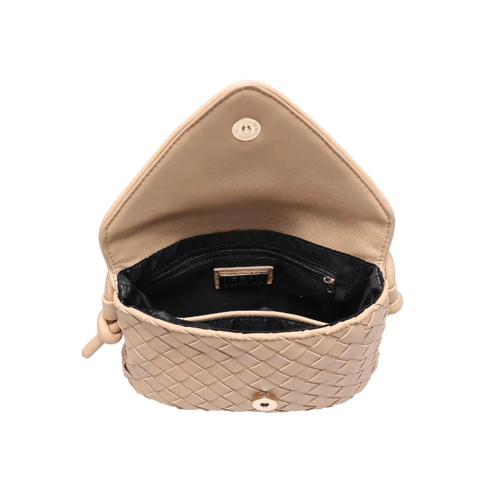 Kylo Crossbody Oat Milk. Elevate your look with the charm of this woven vegan leather crossbody. The knotted strap and gold hardware beautifully complement the envelope shape, creating an accessory that's both stylish and functional with its fabric-lined interior, including one zip pocket and one slip pocket.