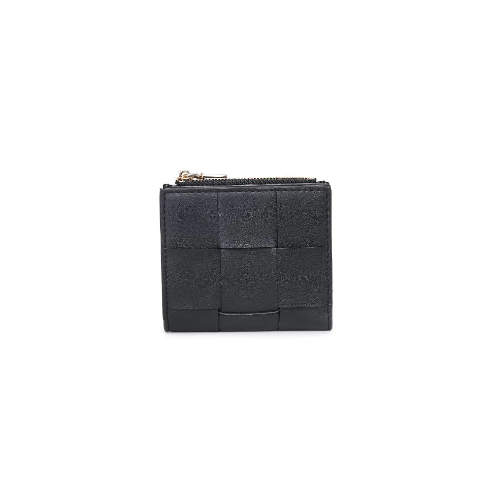 Amelie Wallet Black. The woven design and gold hardware make a fashion statement, while the snap button closure ensures your belongings stay secure. Inside, find a thoughtfully organized space with a main compartment, coin zip pocket, and eight card slots for maximum functionality.
