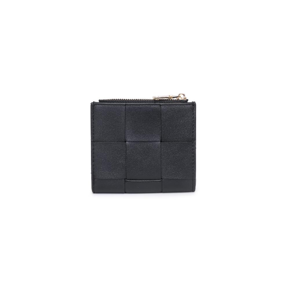 Amelie Wallet Black. The woven design and gold hardware make a fashion statement, while the snap button closure ensures your belongings stay secure. Inside, find a thoughtfully organized space with a main compartment, coin zip pocket, and eight card slots for maximum functionality.