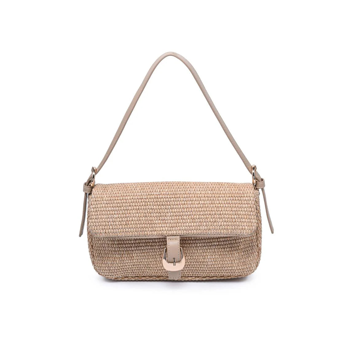 Woven baguette silhouette with buckle-front flap. Gloria Straw Crossbody blends textured straw weave, a sleek shoulder strap, and a neat buckle detail. Compact baguette shape