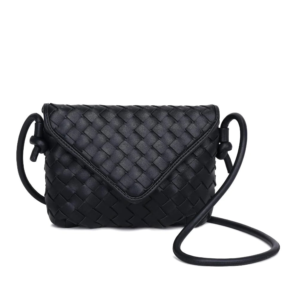 Kylo Crossbody Black. Elevate your look with the charm of this woven vegan leather crossbody. The knotted strap and gold hardware beautifully complement the envelope shape, creating an accessory that's both stylish and functional with its fabric-lined interior, including one zip pocket and one slip pocket.