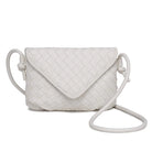 Kylo Crossbody Natural. Elevate your look with the charm of this woven vegan leather crossbody. The knotted strap and gold hardware beautifully complement the envelope shape, creating an accessory that's both stylish and functional with its fabric-lined interior, including one zip pocket and one slip pocket.
