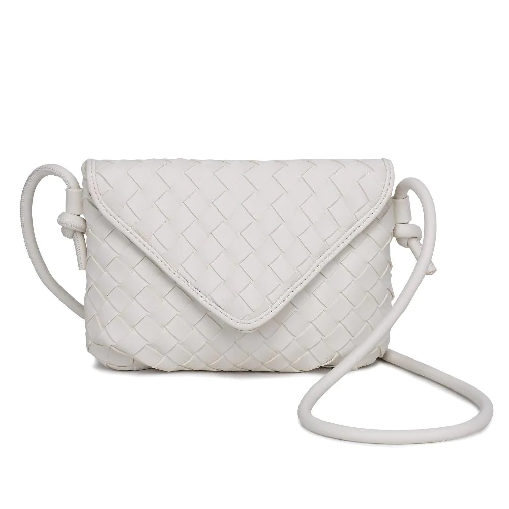 Kylo Crossbody Natural. Elevate your look with the charm of this woven vegan leather crossbody. The knotted strap and gold hardware beautifully complement the envelope shape, creating an accessory that's both stylish and functional with its fabric-lined interior, including one zip pocket and one slip pocket.