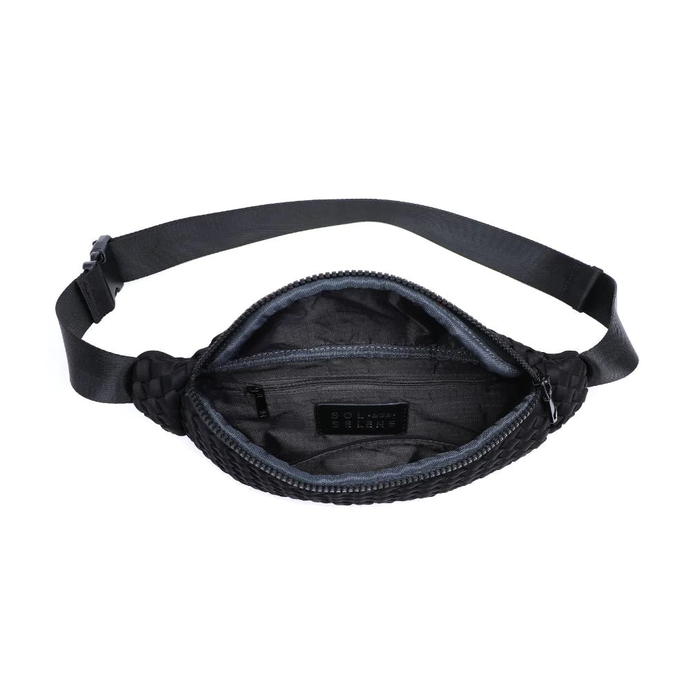 Sol & Selene Aim High Belt Bag Black. The ultimate accessory for fashion-forward, active women on-the-go. Made of high-quality woven neoprene, this versatile bag can be worn around your waist, over shoulder as a sling, or worn across your chest, providing hands-free convenience and style no matter how you wear it.