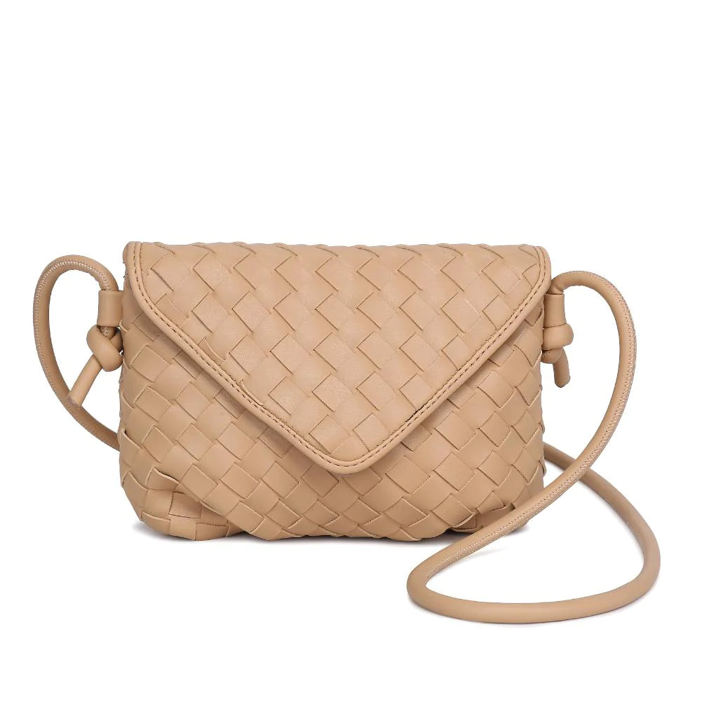 Kylo Crossbody Oat Milk. Elevate your look with the charm of this woven vegan leather crossbody. The knotted strap and gold hardware beautifully complement the envelope shape, creating an accessory that's both stylish and functional with its fabric-lined interior, including one zip pocket and one slip pocket.