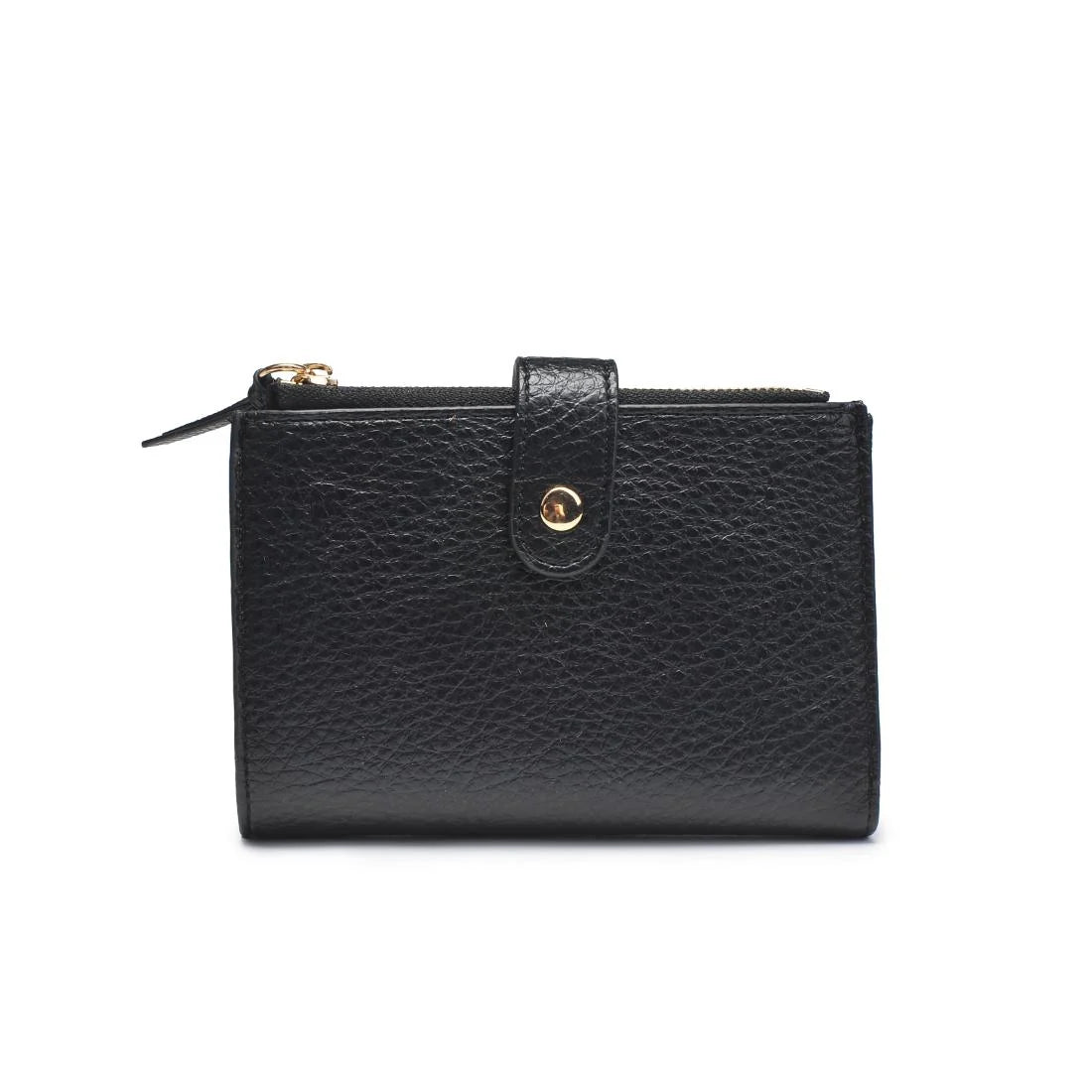 Compact faux leather wallet with multiple card slots, an ID window, and a zip compartment, shown open and closed against a white background.