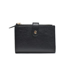Compact faux leather wallet with multiple card slots, an ID window, and a zip compartment, shown open and closed against a white background.