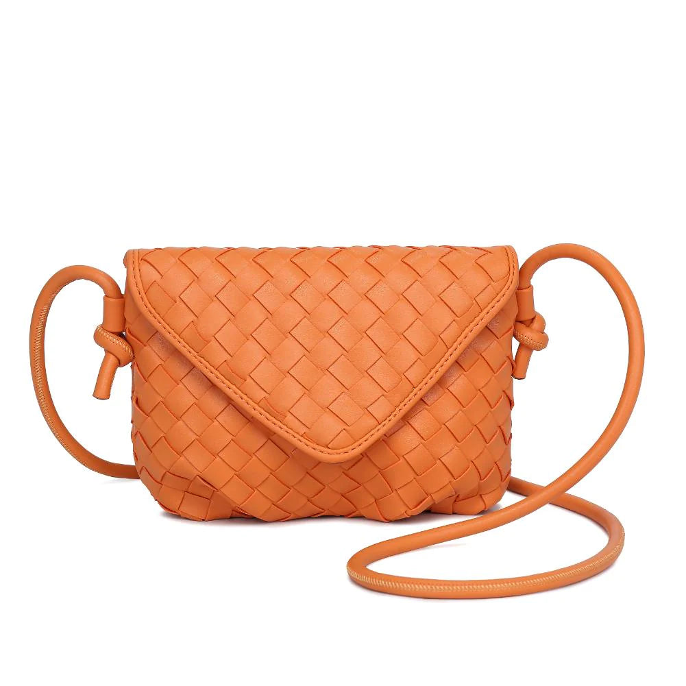 Kylo Crossbody Orange. Elevate your look with the charm of this woven vegan leather crossbody. The knotted strap and gold hardware beautifully complement the envelope shape, creating an accessory that's both stylish and functional with its fabric-lined interior, including one zip pocket and one slip pocket.
