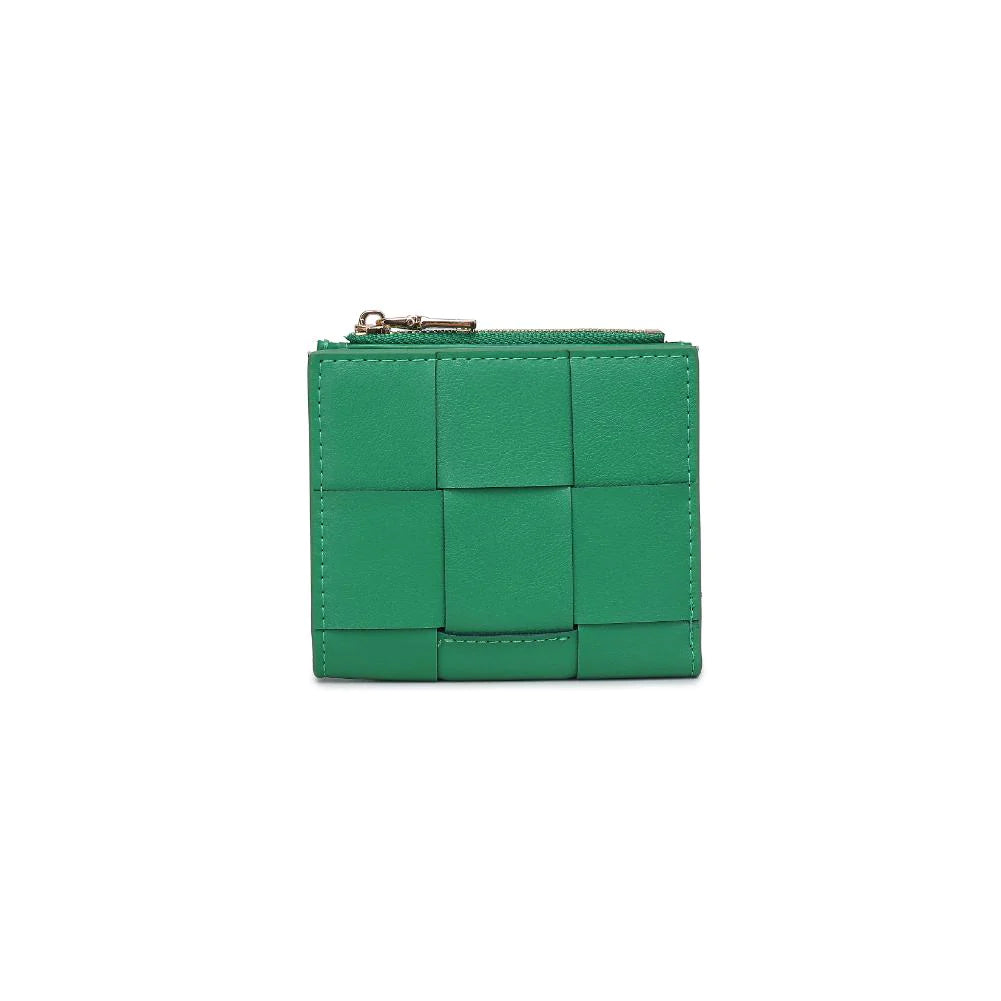 Amelie Wallet Kelly Green. The woven design and gold hardware make a fashion statement, while the snap button closure ensures your belongings stay secure. Inside, find a thoughtfully organized space with a main compartment, coin zip pocket, and eight card slots for maximum functionality.