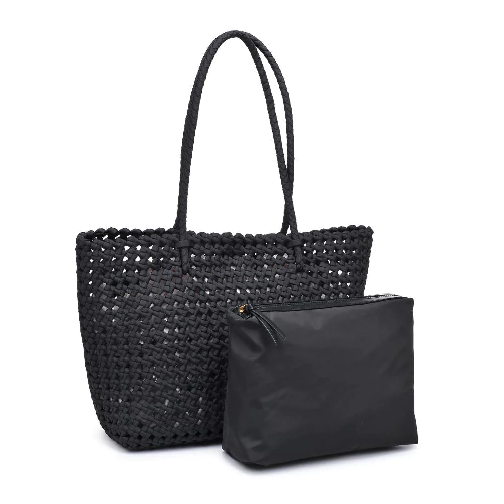 Sol and Selene Reflection Bag Black. Crafted from durable polyester with a charming braided design, this hobo is the ideal companion for a day at the beach or running errands. With an open closure, it offers easy access, making it perfect for those on-the-go moments. Elevate your casual chic with this shopper tote that effortlessly combines fashion and functionality.