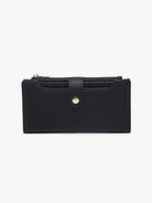Slim wallet with snap closure, multiple card slots, ID window, and zip compartment shown closed and open