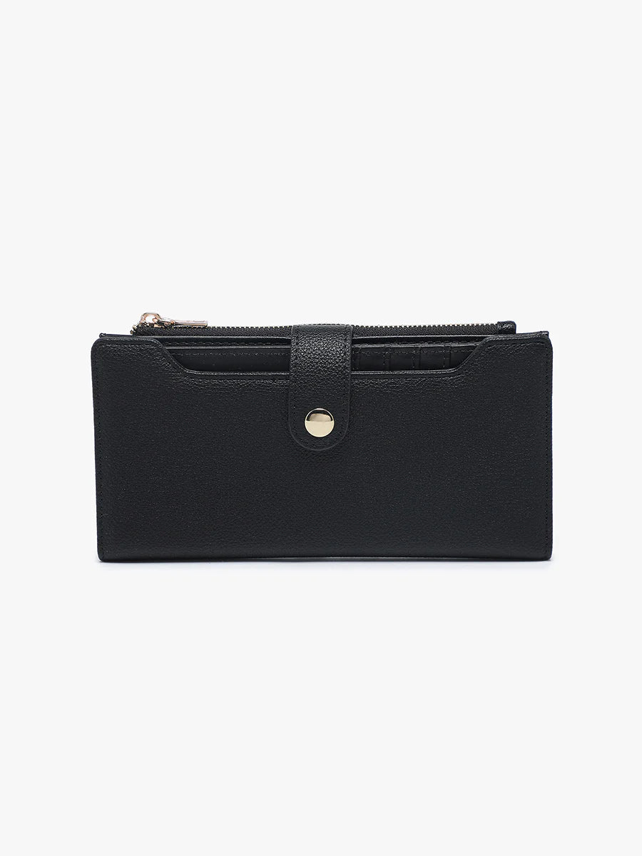 Slim wallet with snap closure, multiple card slots, ID window, and zip compartment shown closed and open