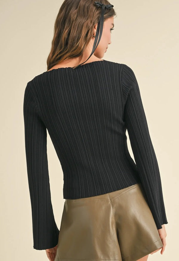 Miou Muse Ribbed Long Sleeve Knitted Top in Black, back view
