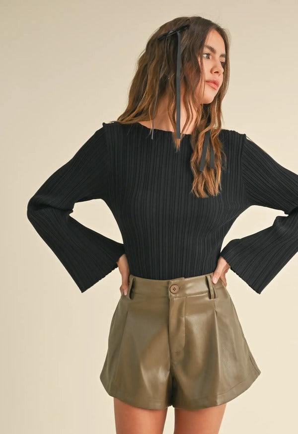 Miou Muse Ribbed Long Sleeve Knitted Top in Black, front view