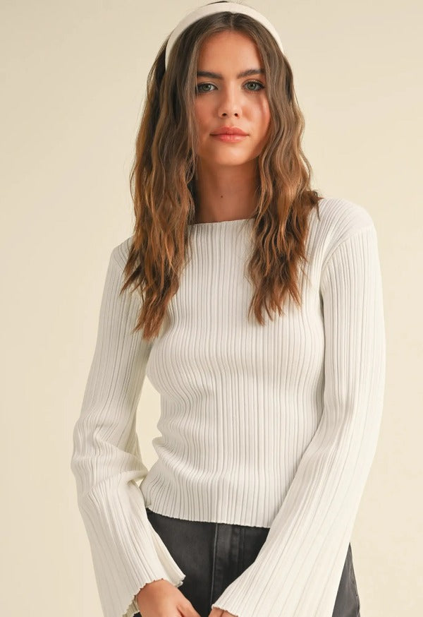 Miou Muse Ribbed Long Sleeve Knitted Top in Off White, front view