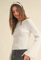 Miou Muse Ribbed Long Sleeve Knitted Top in Off White, side view