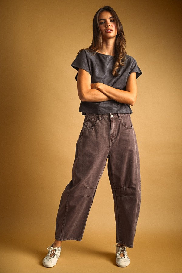 Miou Muse Barrel Cotton Pants in Red Bean, front view, full length