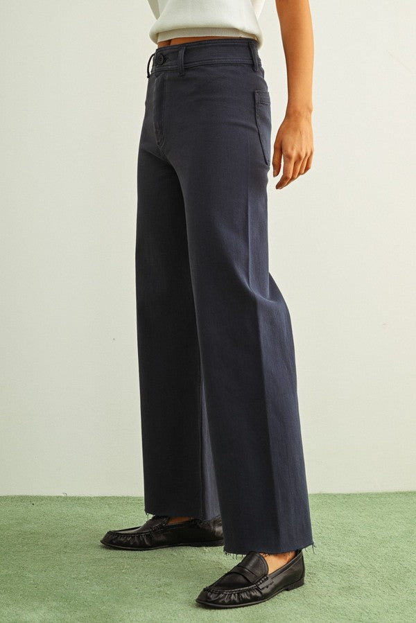 Miou Muse Straight Wide Leg Denim Pants in Navy, side view