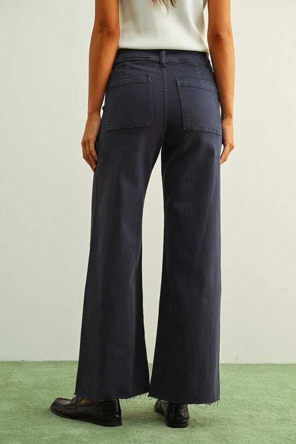 Miou Muse Straight Wide Leg Denim Pants in Navy, back view