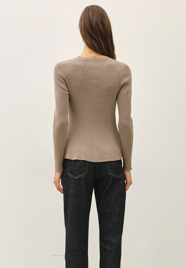 Be Cool Ribbed Knit Peplum Sweater in Mocha, back view