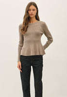 Be Cool Ribbed Knit Peplum Sweater in Mocha, front view