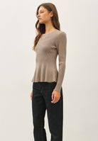 Be Cool Ribbed Knit Peplum Sweater in Mocha, side view