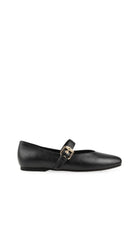Black leather Mary Jane flat with buckle strap, side profile view.