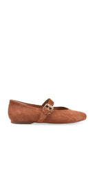 Chestnut suede Mary Jane flat with buckle strap, side profile view.