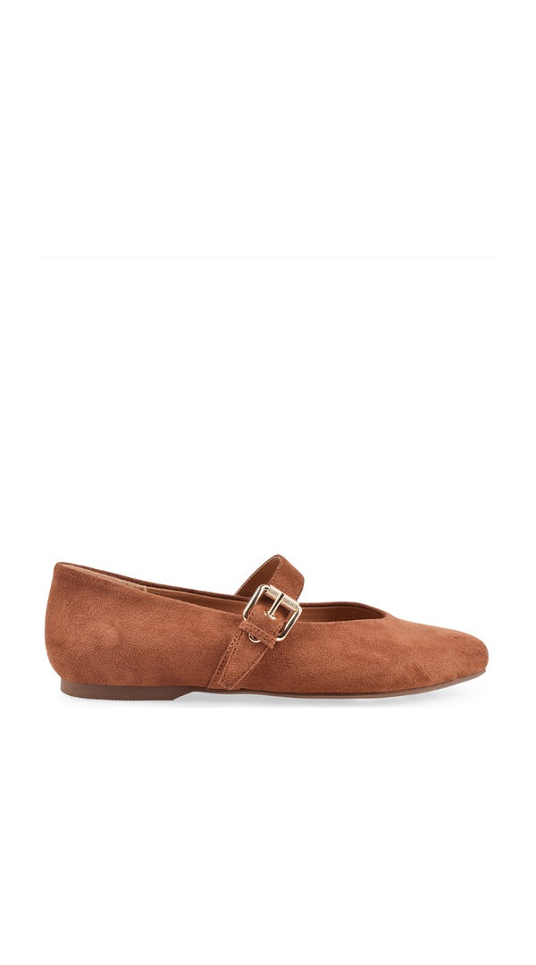 Chestnut suede Mary Jane flat with buckle strap, side profile view.
