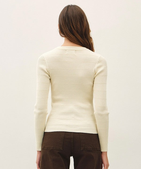 Be Cool Slim Fit Raised Stripe Ribbed Longsleeve Sweater in Natural, back view