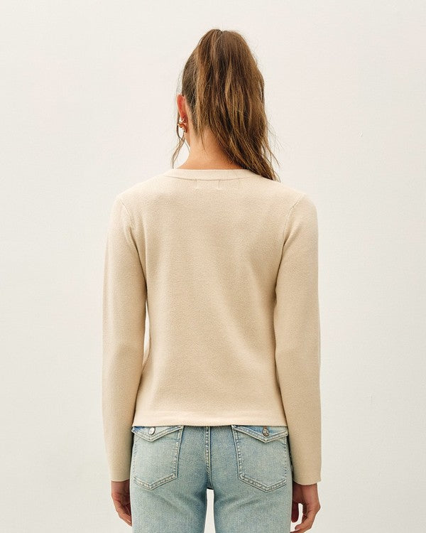 Be Cool Lightweight Crewneck Snap Button Cardigan with Pockets in Oatmeal, back view