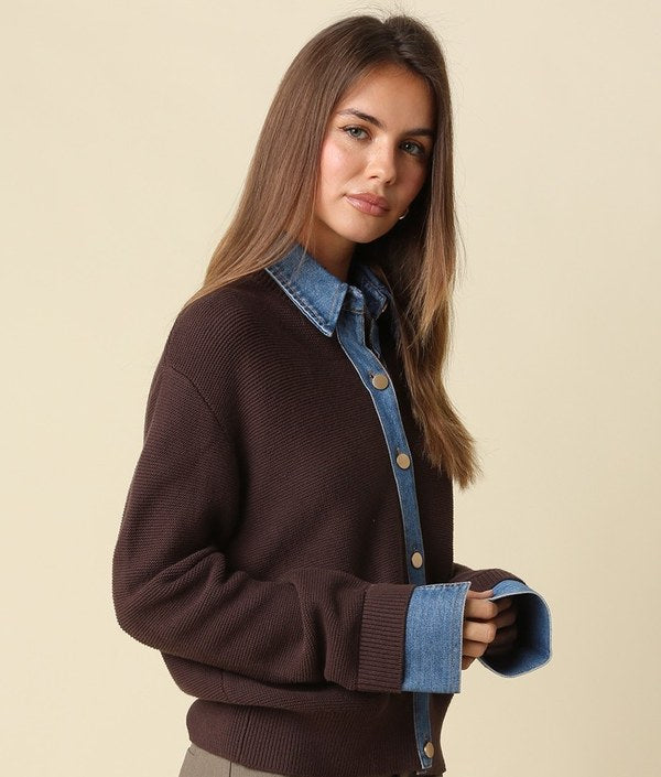 olivaceous Denim Contrast Sweater in Brown Denim, side three-quarter view