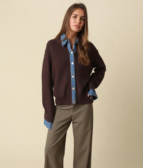 olivaceous Denim Contrast Sweater in Brown Denim, front three-quarter view