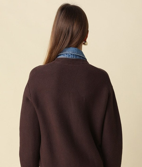 olivaceous Denim Contrast Sweater in Brown Denim, back view