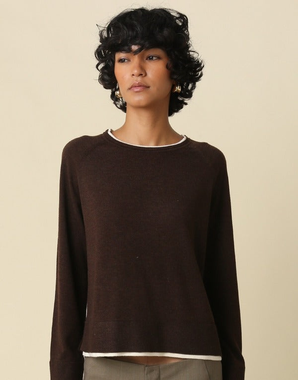 Olivaceous Double Layer Crewneck Sweater in Brown Ivory, front view