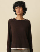 Olivaceous Double Layer Crewneck Sweater in Brown Ivory, front view