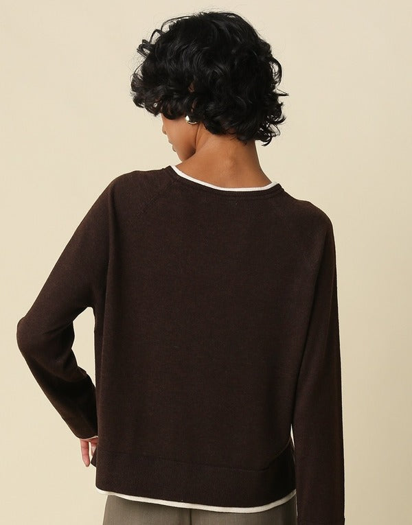 Olivaceous Double Layer Crewneck Sweater in Brown Ivory, back view